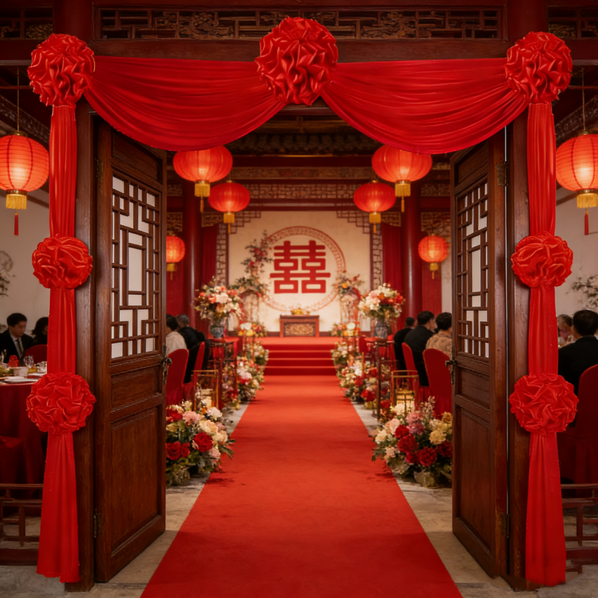 结婚大红花球大门新婚房别墅自建房阳台楼梯中式婚礼绸布装饰拉花