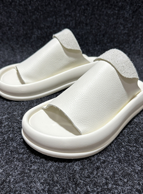 简约一字拖鞋夏季男鞋欧美时尚潮鞋轻便厚硬底白色真皮罗马凉拖男