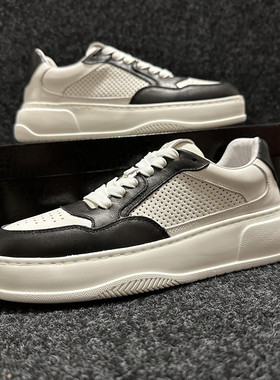 春季黑白拼色男鞋欧美Facebook青年潮鞋轻便厚底4cm增高真皮板鞋