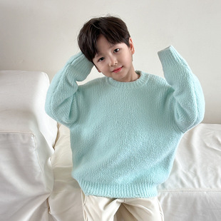 2024冬洋气软糯仿驼绒针织衫男女童保暖纯色破洞毛衣