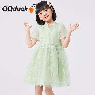 可可鸭女童短袖连衣裙新款中大童古风立领网纱裙小童淑女仙气裙子