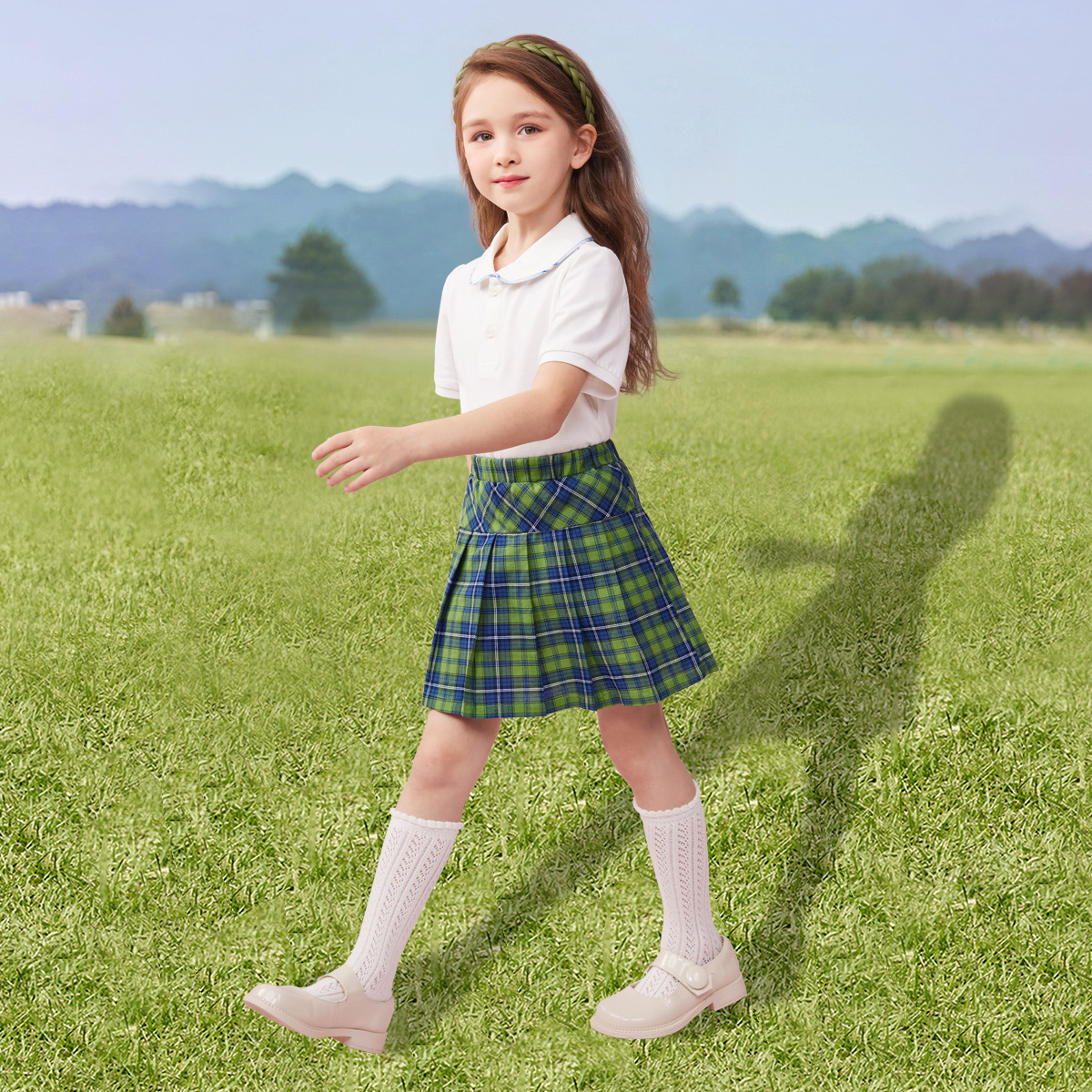 LAVI女童格子短裙春秋季新款JK裙子休闲中大童装格纹百褶裙半身裙