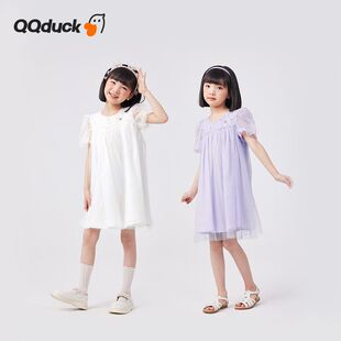 QQduck可可鸭女童连衣裙夏季新款高腰中大童女孩甜美网纱公主裙子