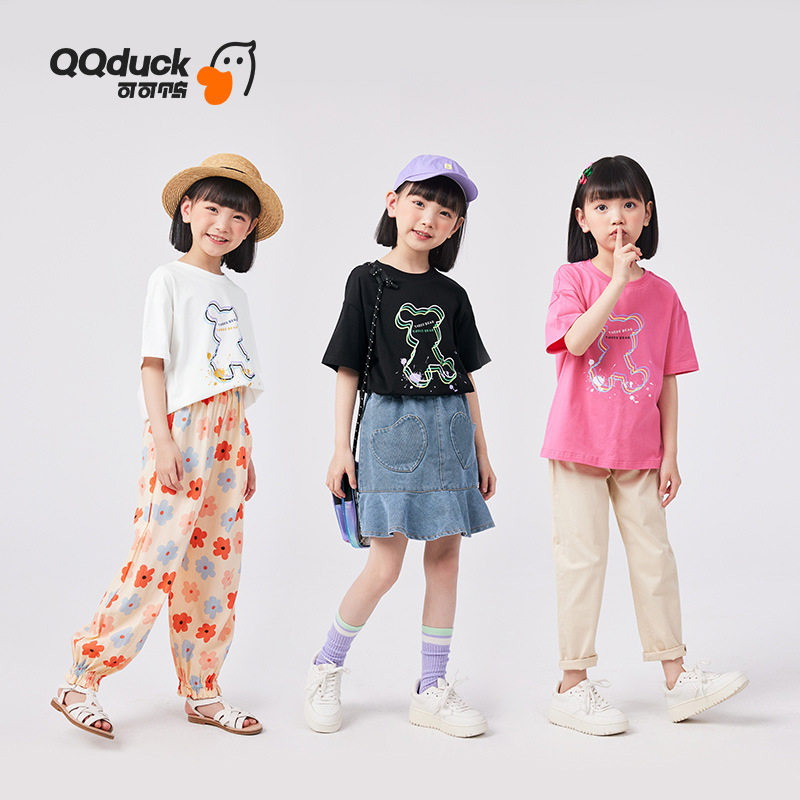 QQduck可可鸭女童短袖T恤夏季新款卡通印花打底衫上衣宽松大童棉T