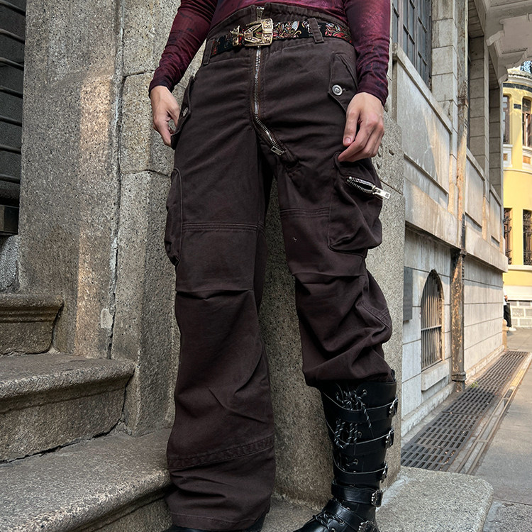 IHF&ldquo;赤土&rdquo;弯曲长拉链沙丘废土水洗做旧不对称多直筒口袋休闲裤