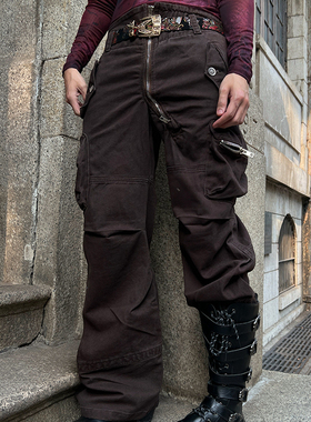 IHF“赤土”弯曲长拉链沙丘废土水洗做旧不对称多直筒口袋休闲裤