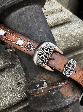 INF亚文化部落风宝石珠片柳钉古着唐草雕花视觉系做旧马毛细皮带