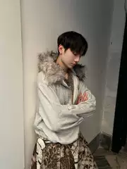 Ihf "Human Connector" Japanese Gothic Lgb Fur Collar Hooded Sweatshirt Unisex Loose Casual Versatile Couple Jacket