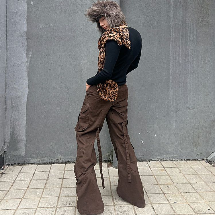 IHF&ldquo;青咖喱&rdquo;工装风多口袋阔腿裤卡其色直筒长裤腰带装饰休闲裤