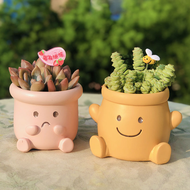 树脂笑脸多肉花盆可爱儿童小盆栽