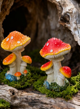 可爱仿真蘑菇摆件桔红色微景观装饰造景花园庭院杂货多肉盆栽花盆