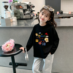 卡通黑色纯棉女童长袖t恤2026新款春秋时尚洋气儿童上衣女孩体恤