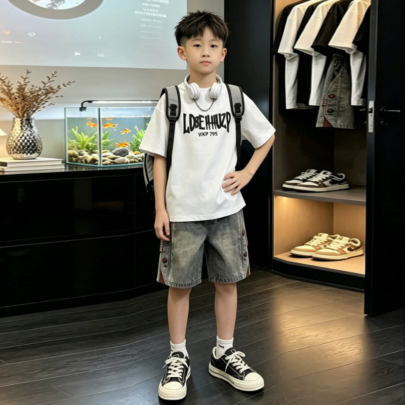 男孩美式潮流短袖宽松休闲套装搭配牛仔短裤夏季清爽男生日常穿搭