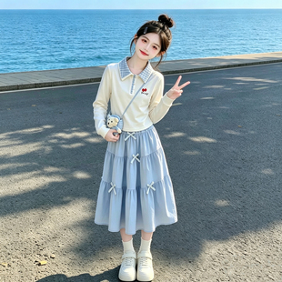 女童春秋套装2026新款学院风秋季翻领上衣连衣裙女孩半身裙两件套