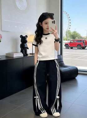 女童夏装短袖套装儿童字母绣花T