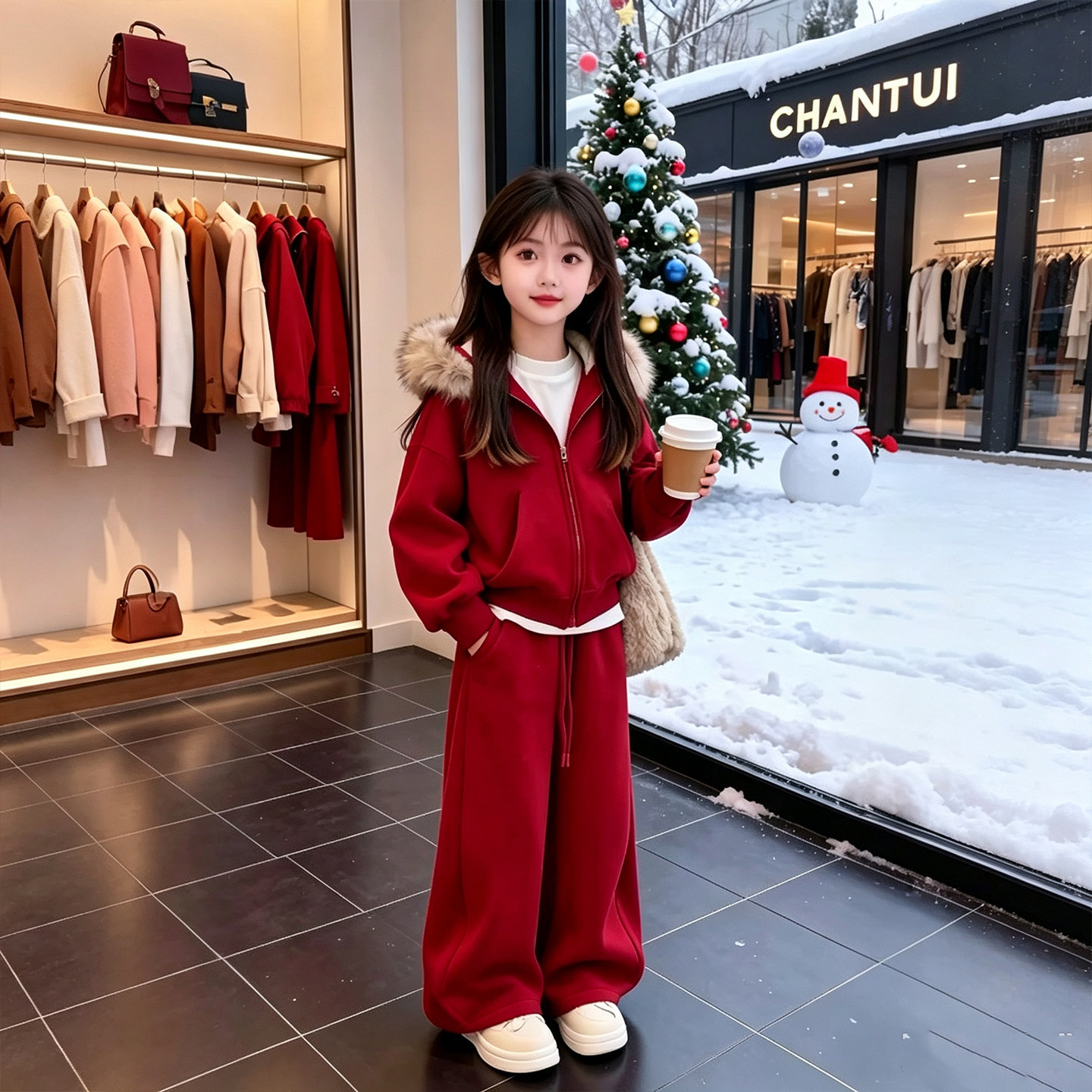 女童加绒套装2026新款休闲运动冬季儿童年货连帽开衫阔腿裤两件套