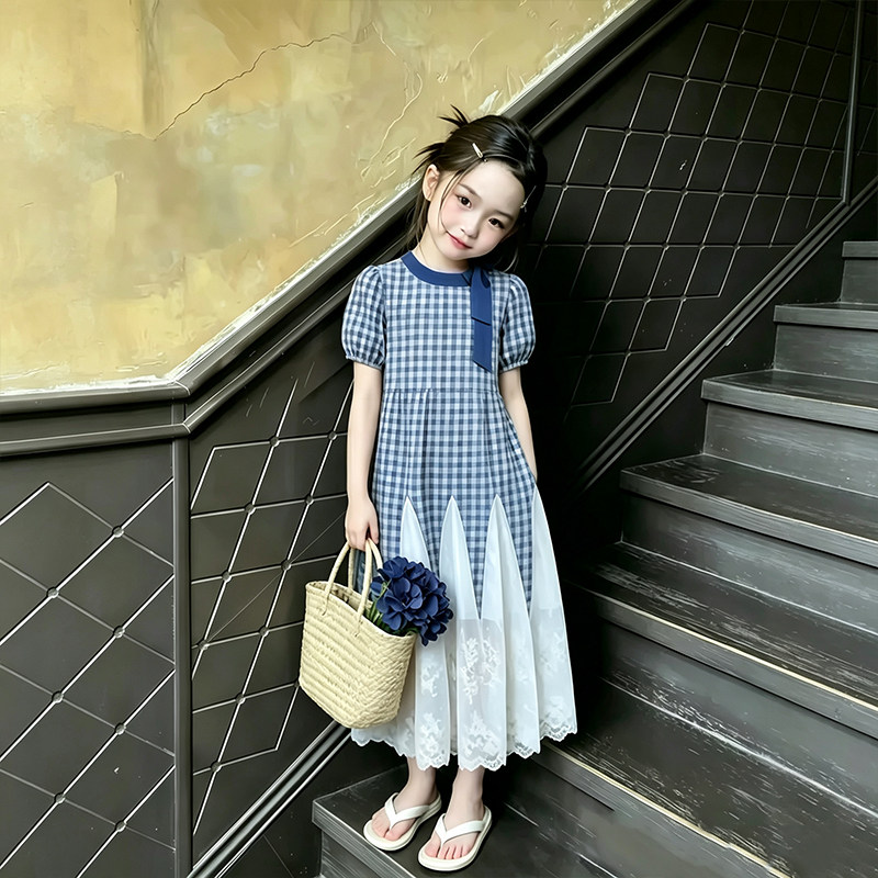 韩版童装女童连衣裙夏薄款2026新款女宝绝美蓝色格子拼接公主裙