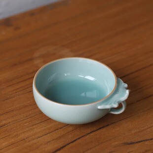 龙泉林松仿古青瓷如意把杯柴窑手工茶杯单色釉天青色品茗杯礼盒装