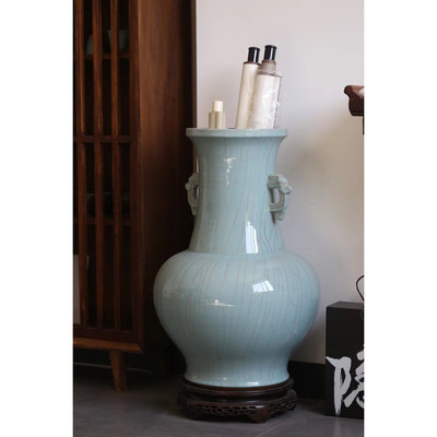 周绍达祥瑞龙耳尊中式陶瓷花瓶青瓷双耳瓶客厅装饰摆件家居工艺品