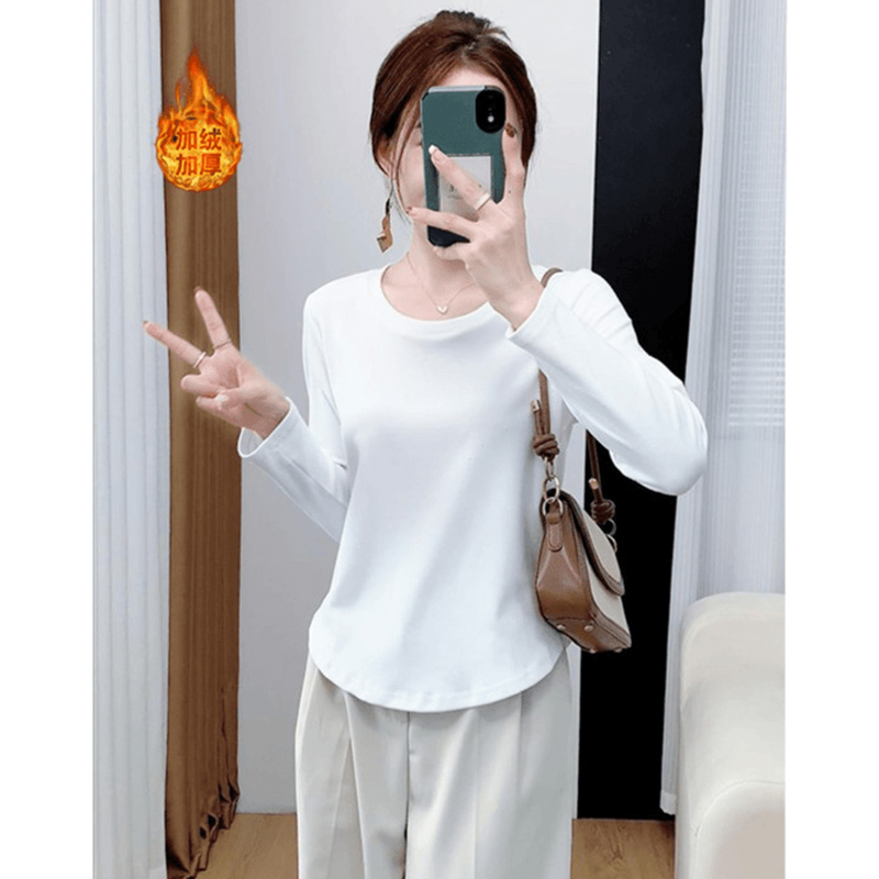正肩圆领打底衫女长袖T恤秋2025新款宽松加厚弧形下摆不规则上衣