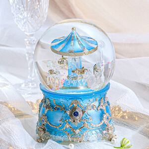 JARLL赞尔 月光蓝琉光带灯光旋转木马水晶球音乐盒发条八音盒摆件