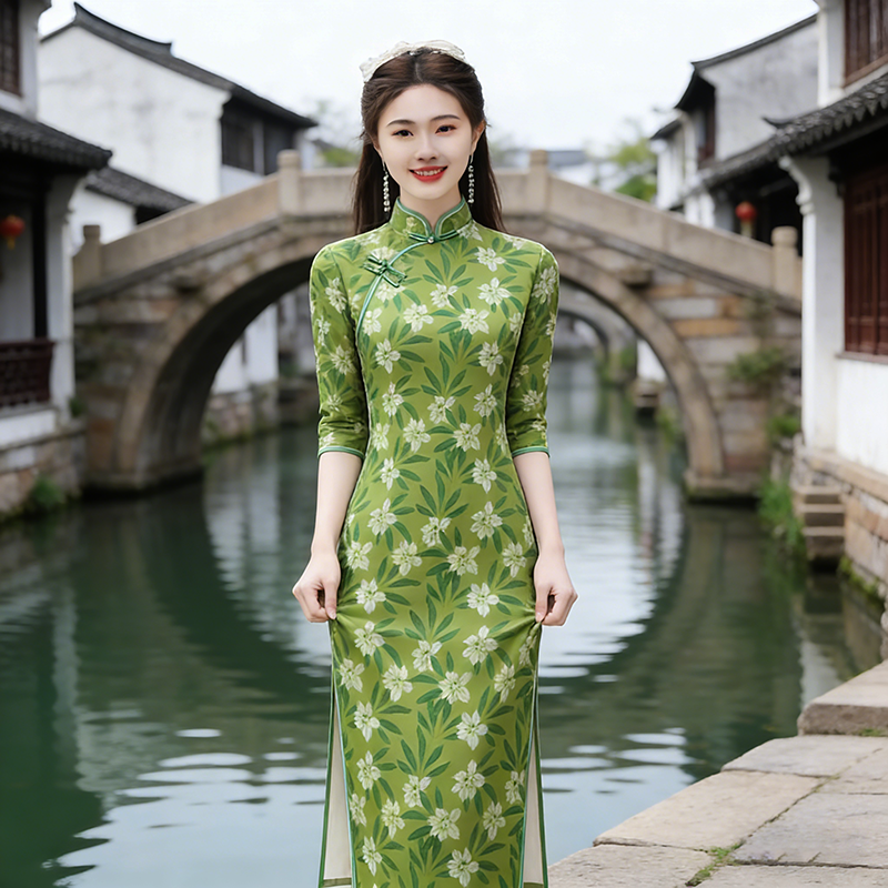 中式长款春七分袖旗袍2026新款女修身湖景氛围感日常约会拍照