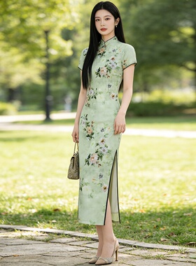 高考送考旗袍新款国风绿色中式长款显瘦女老上海复古日常可穿显瘦