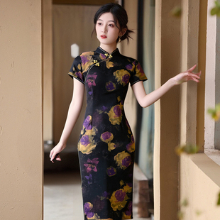 素雅印花旗袍2024新款夏季复古民国风优雅气质年轻少女连衣裙茶服