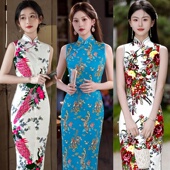 厂家直销现货印花款 无袖 长款 新款 旗袍古典中国风宴会演出时尚 走秀