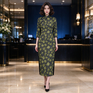 春秋茶会国风长旗袍七分袖艺术印花 精美珍珠扣女士改良旗袍裙子