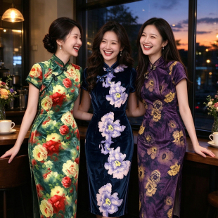 复古丝绒长款旗袍女 春秋夏轻奢收腰显瘦气质过膝改良长裙