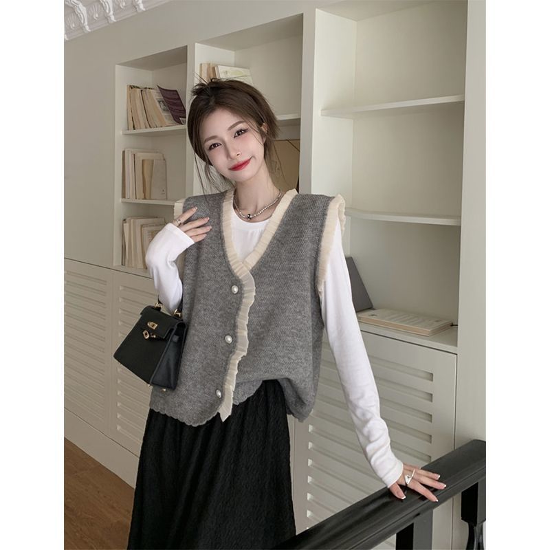 小香风拼接针织马甲背心女内搭2025年秋冬新款单排扣时尚叠穿外套