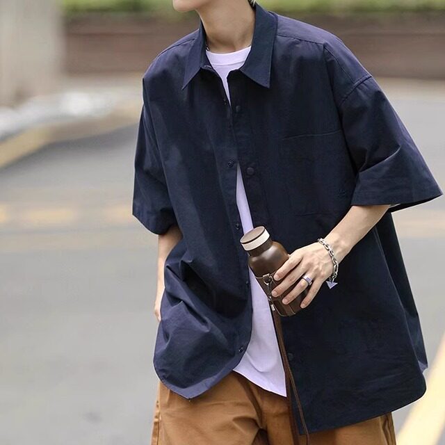 男生夏季休闲时尚纯色百搭短袖衬衫日系宽松外套潮流新款衬衣男士