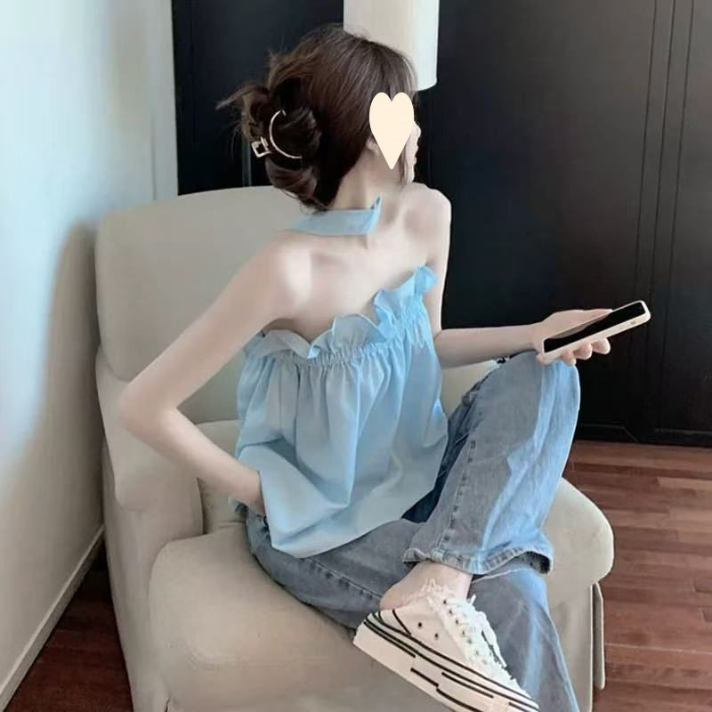 一字肩上衣高级感女2026夏季新款设计感小众木耳边吊带背心女外穿