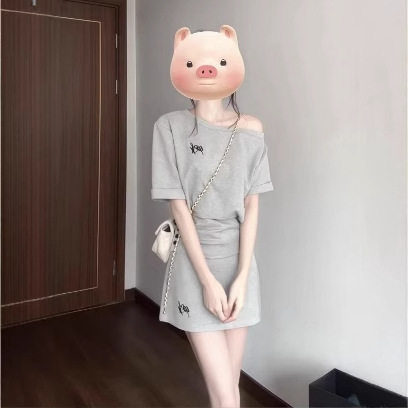 韩系休闲风收腰运动套装女夏季时尚短款斜肩短袖短裙小个子两件套