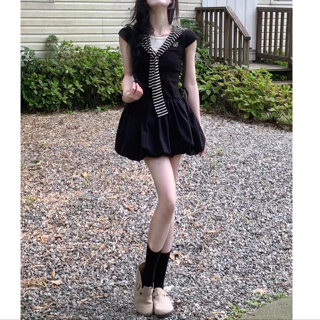 法式假两件黑色花苞连衣裙子女夏季小个子拼接收腰短裙潮女裙子