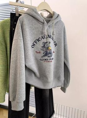 ins灰色美式套头印花连帽卫衣新款外套帽衫秋冬2025宽松加厚上衣