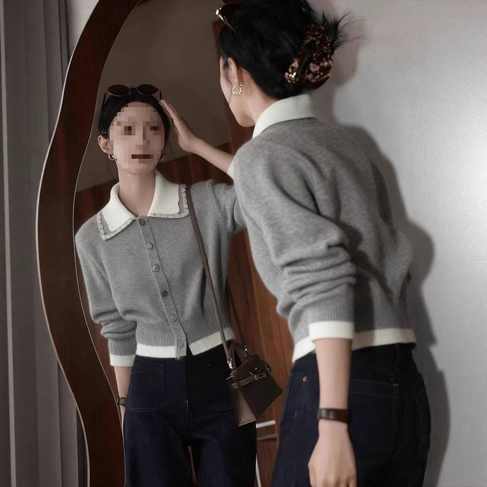 韩系巨好看灰色翻领针织开衫女2025秋冬新款高级感修身百搭短上衣