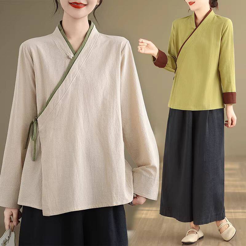 春季宽松大码禅意茶服棉中国风复古斜襟系带改良汉服衬衫女上衣