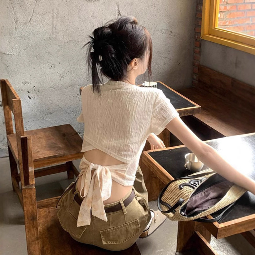 韩系微透短袖T恤女夏季设计感蝴蝶结绑带露背薄款甜辣妹短款上衣
