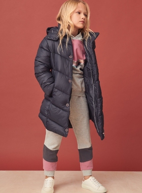 出口英国新款NE*T女大童深灰蓝色加厚中长款防水连帽棉服4-9岁