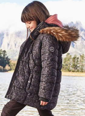 小S的店NE*T女童深灰色豹纹加绒加厚中长款防水保暖棉服3-14岁