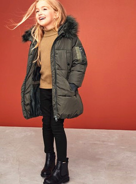 批发零售NE*T女童卡其绿色加绒加厚中长款防水保暖连帽棉服4-15岁