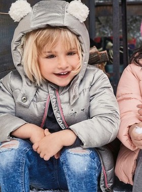 英国NE*T女童银灰色卡通猫咪连帽加绒棉服3～6个月新生儿棉服