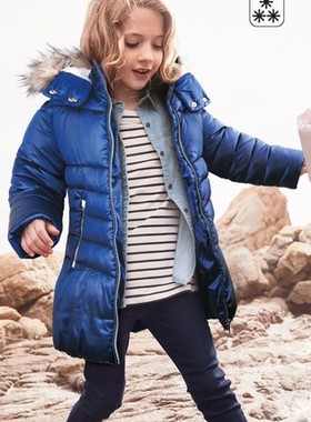 英国NE*T女童深蓝色可变色拉链加厚中长款保暖棉服3-6岁