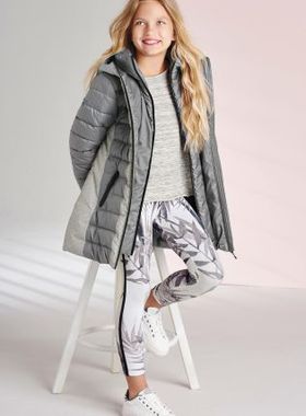 英国NE*T灰色拼接女童长款串珠薄棉服双层拉链亲子装3-11岁