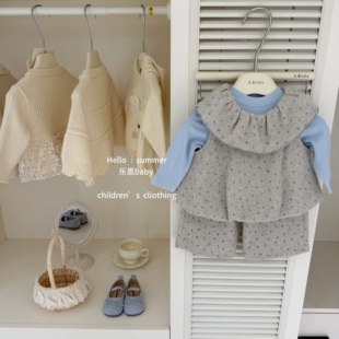 【乐恩baby】清新碎花！女童秋冬款呢子蓝色打底衫背心阔腿裤三件