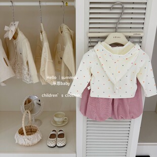 【乐恩baby】超可爱！原创女童可爱波点连帽卫衣灯芯绒灯笼裤套装