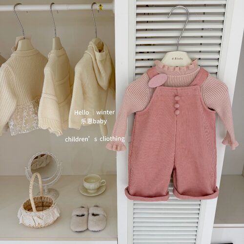 【乐恩baby】甜妹！原创女童秋冬针织打底毛衣灯芯绒加绒背带裤套