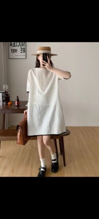 原单夏季新款文艺复古亚麻连衣裙女短袖棉麻宽松百搭纯色裙微瑕
